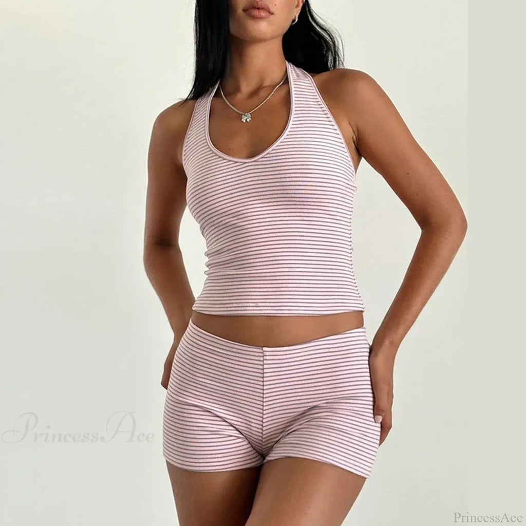 Stripes Print Sleeveless V Neck Halter Crop Low Waist Shorts Two Pieces Set image 5