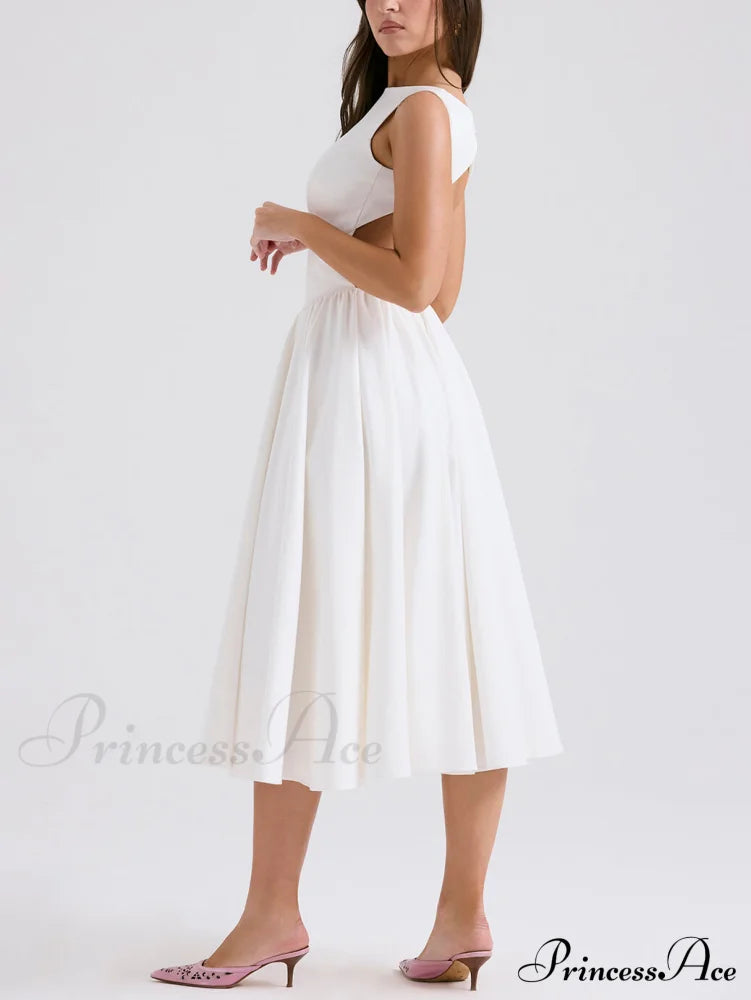 Stylish And Elegant Solid Color Trendy Round Neck Backless Sleeveless Midi Dress image 4