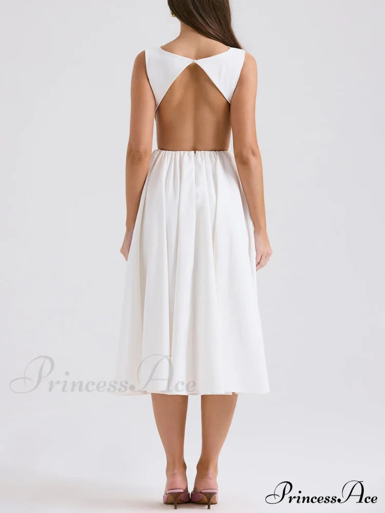 Stylish And Elegant Solid Color Trendy Round Neck Backless Sleeveless Midi Dress image 2