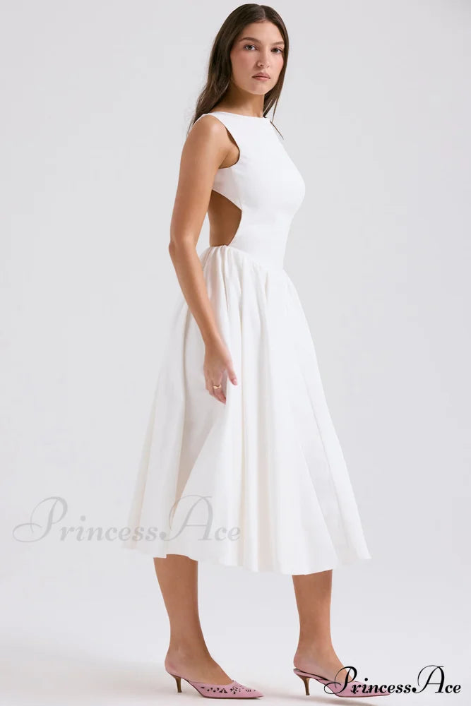 Stylish And Elegant Solid Color Trendy Round Neck Backless Sleeveless Midi Dress image 5