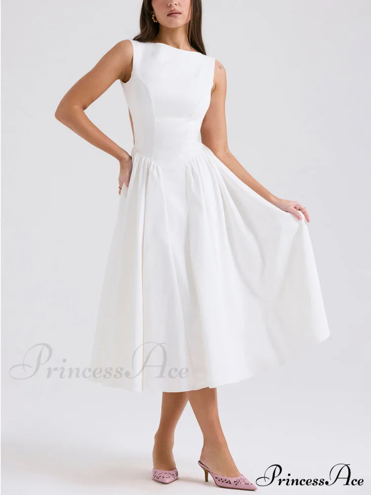 Stylish And Elegant Solid Color Trendy Round Neck Backless Sleeveless Midi Dress image 1