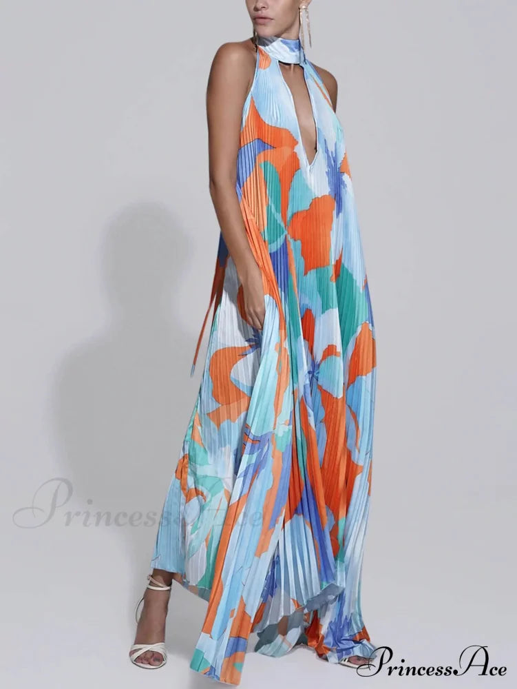 Stylish Pleated Halterneck Charming Strappy Backless Midi Dress image 5