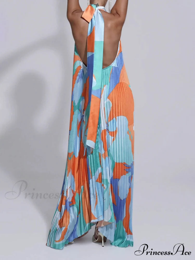 Stylish Pleated Halterneck Charming Strappy Backless Midi Dress image 4
