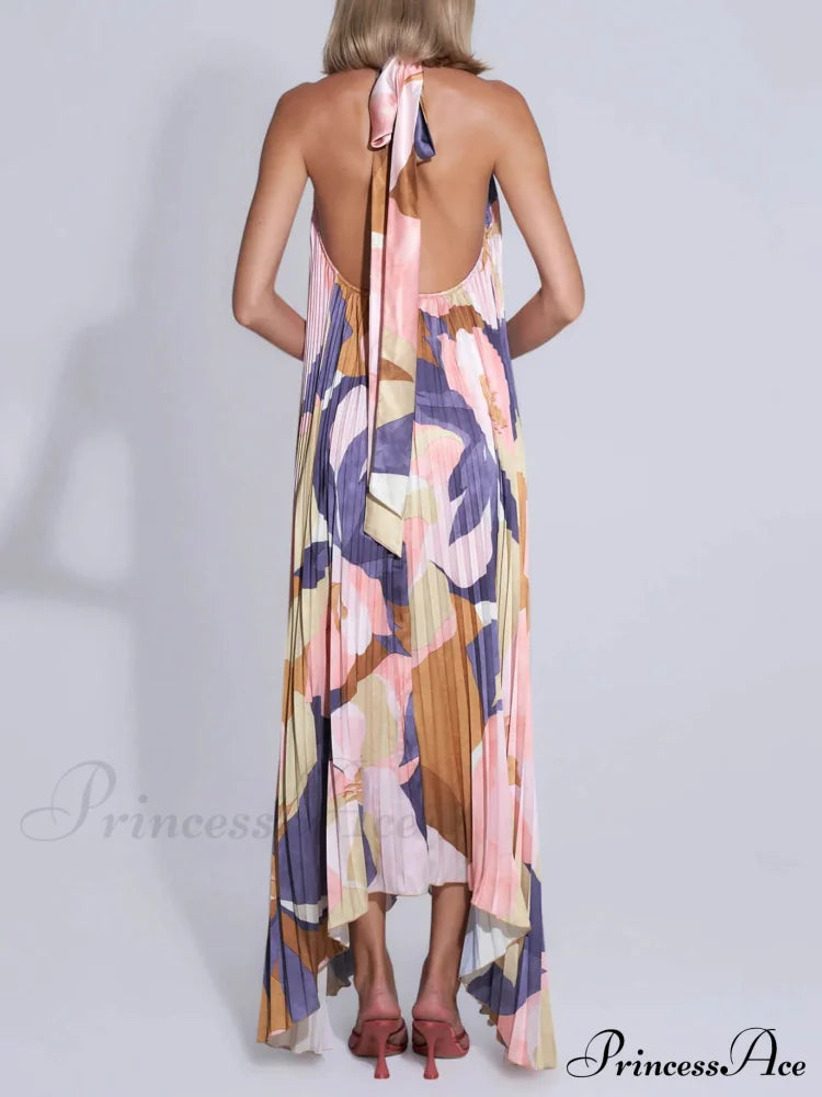 Stylish Pleated Halterneck Charming Strappy Backless Midi Dress image 7