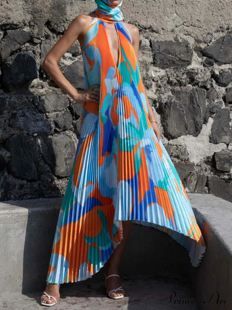 Stylish Pleated Halterneck Charming Strappy Backless Midi Dress image 1
