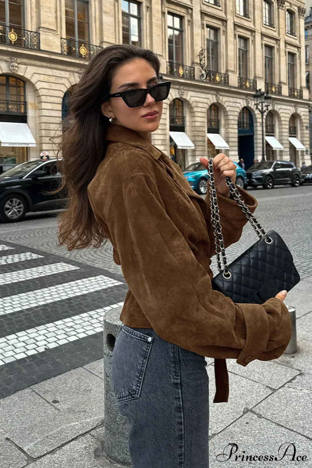 Suede Belted Blazer Collar Elegant Coat image 2