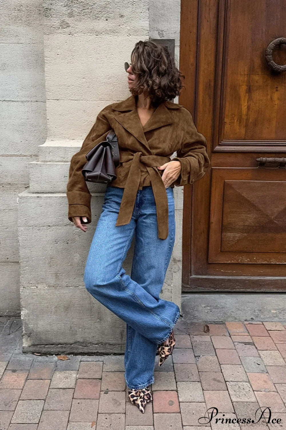 Suede Belted Blazer Collar Elegant Coat image 3