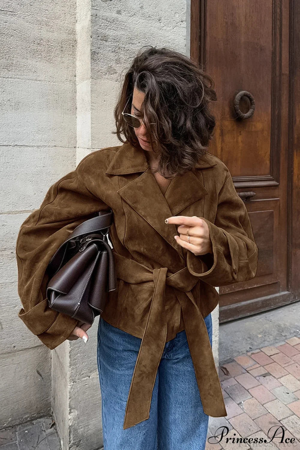Suede Belted Blazer Collar Elegant Coat image 1