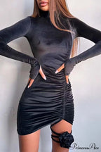 Suede Mock Neck Drawstring Floral Mini Dress image 5