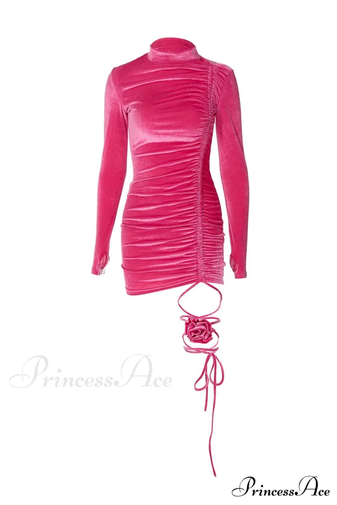 Suede Mock Neck Drawstring Floral Mini Dress image 10