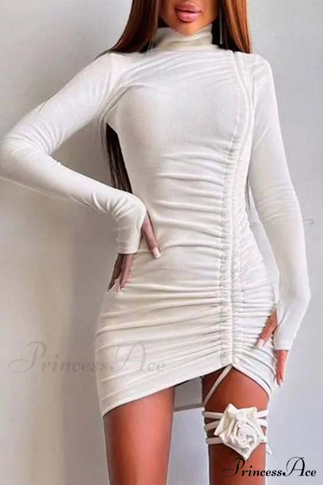 Suede Mock Neck Drawstring Floral Mini Dress image 9
