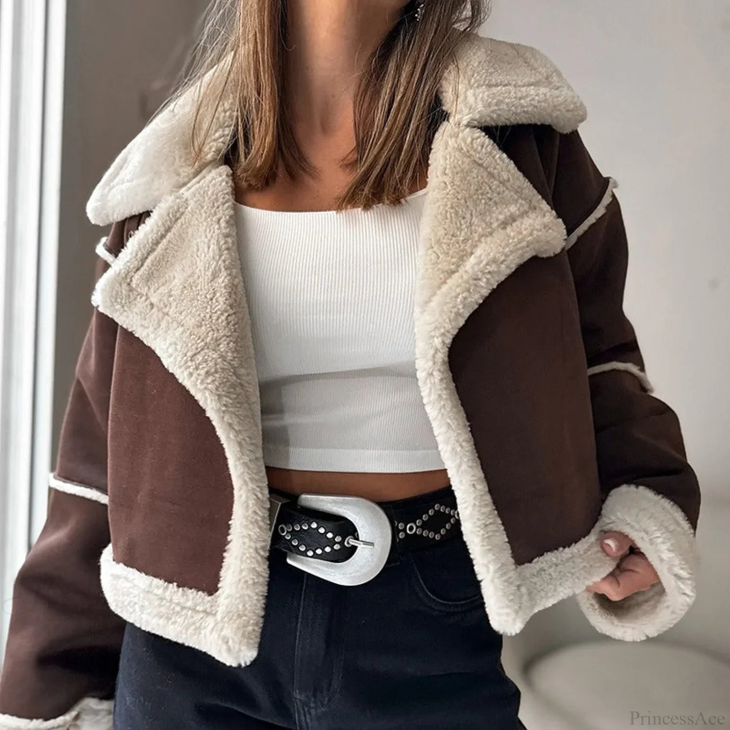 Suede Wide Lapel Cropped Fleece-Lined Long Sleeve Coat image 2