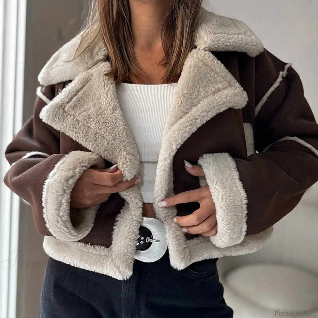 Suede Wide Lapel Cropped Fleece-Lined Long Sleeve Coat image 3