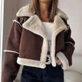 Suede Wide Lapel Cropped Fleece-Lined Long Sleeve Coat image 1