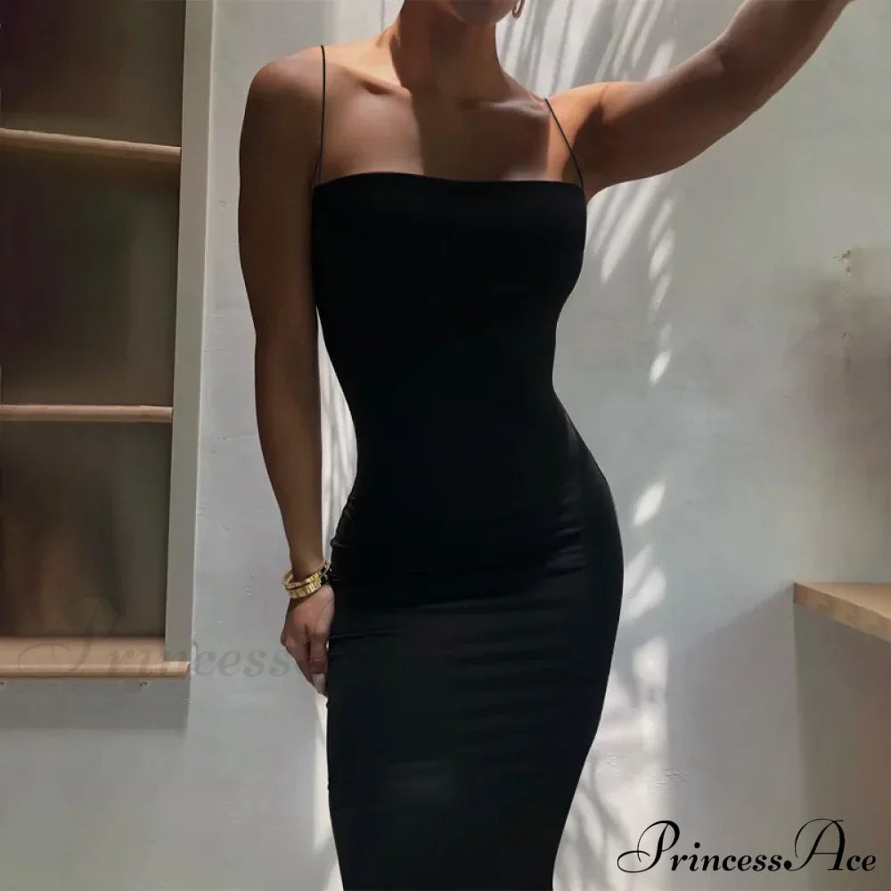 Summer Black Spaghetti Strap Backless Solid Sleeveless Elegant Party Bodycon Dress image 2