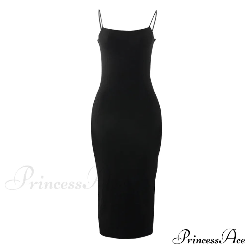 Summer Black Spaghetti Strap Backless Solid Sleeveless Elegant Party Bodycon Dress image 6