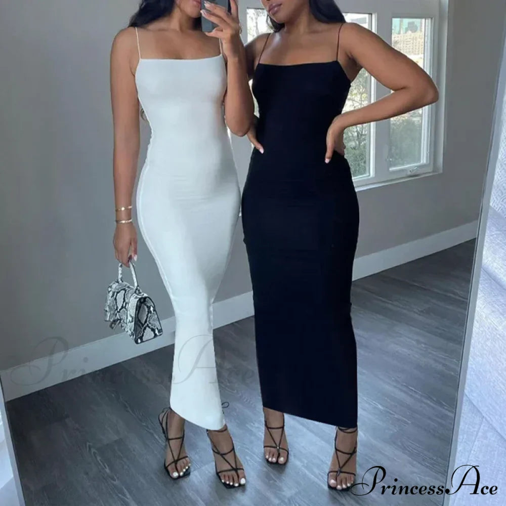 Summer Black Spaghetti Strap Backless Solid Sleeveless Elegant Party Bodycon Dress image 3