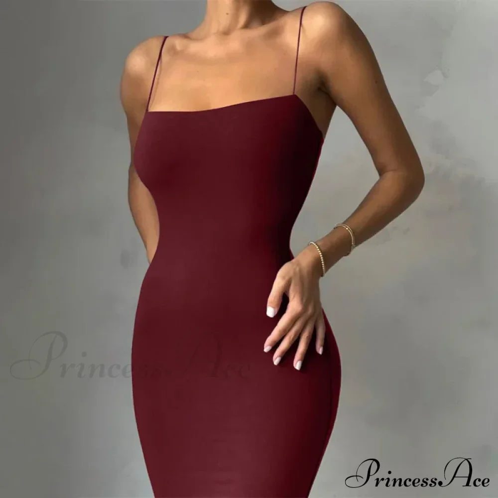 Summer Black Spaghetti Strap Backless Solid Sleeveless Elegant Party Bodycon Dress image 4