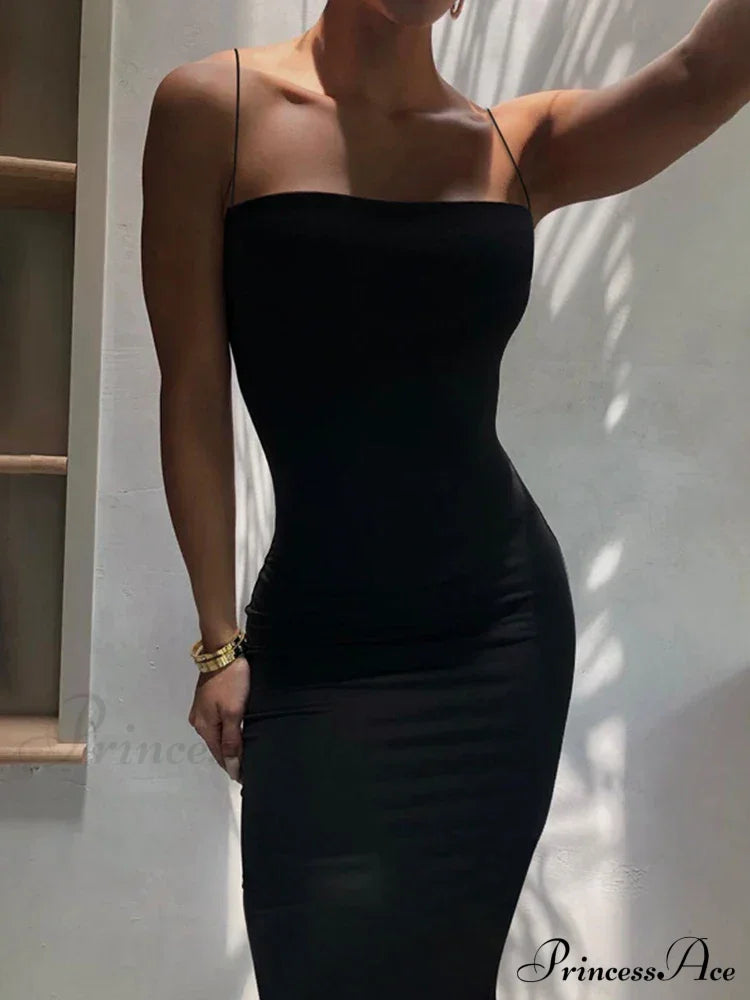 Summer Black Spaghetti Strap Backless Solid Sleeveless Elegant Party Bodycon Dress image 8