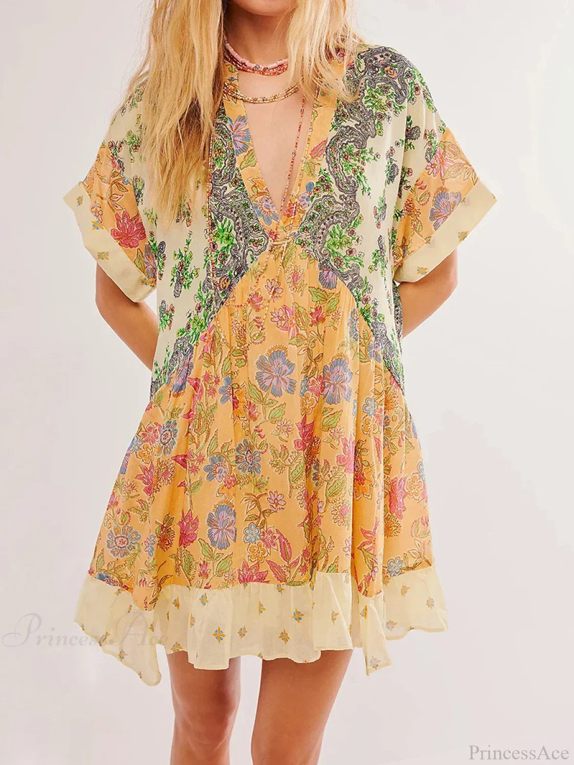 Summer Bohemian Babydoll Floral Print V-Neck Dress image 1