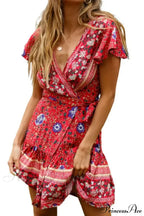 Summer Boho Floral Print Mini Wrap Beach Boho Dress image 5