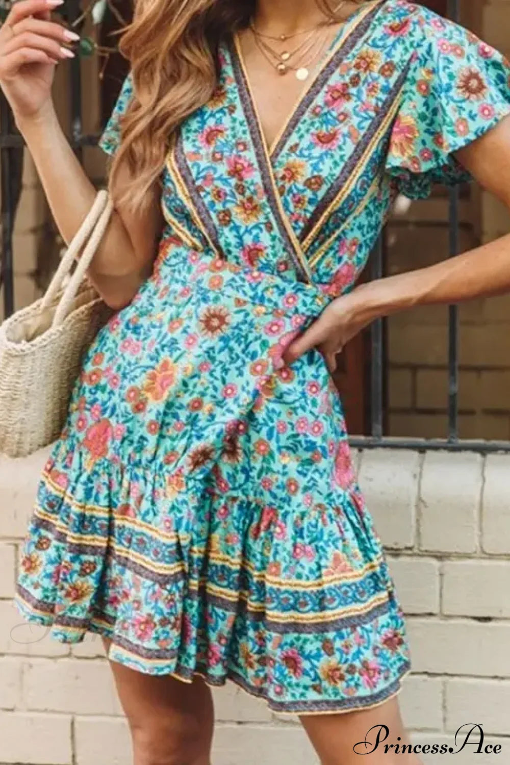 Summer Boho Floral Print Mini Wrap Beach Boho Dress image 1