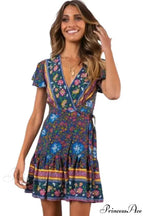 Summer Boho Floral Print Mini Wrap Beach Boho Dress image 2