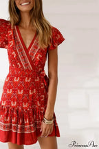 Summer Boho Floral Print Mini Wrap Beach Boho Dress image 4