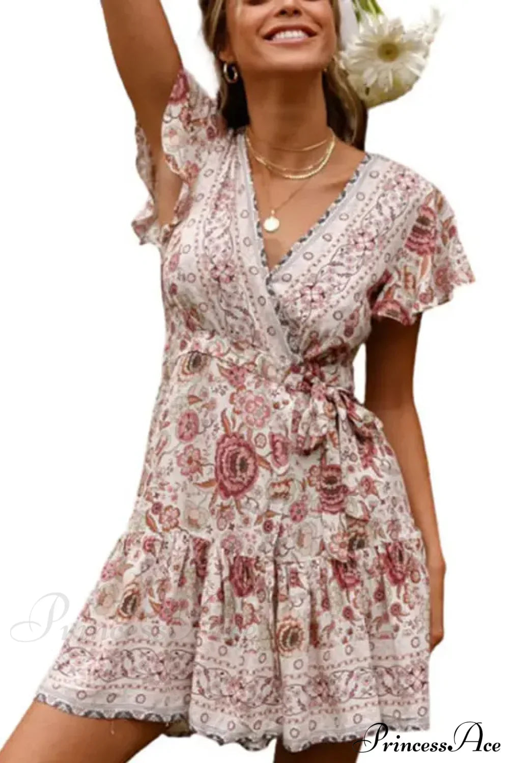 Summer Boho Floral Print Mini Wrap Beach Boho Dress image 3