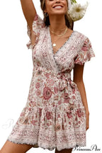 Summer Boho Floral Print Mini Wrap Beach Boho Dress image 3