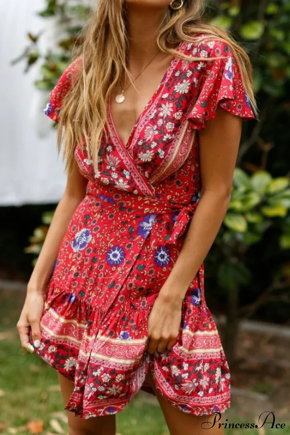Summer Boho Floral Print Mini Wrap Beach Boho Dress image 10