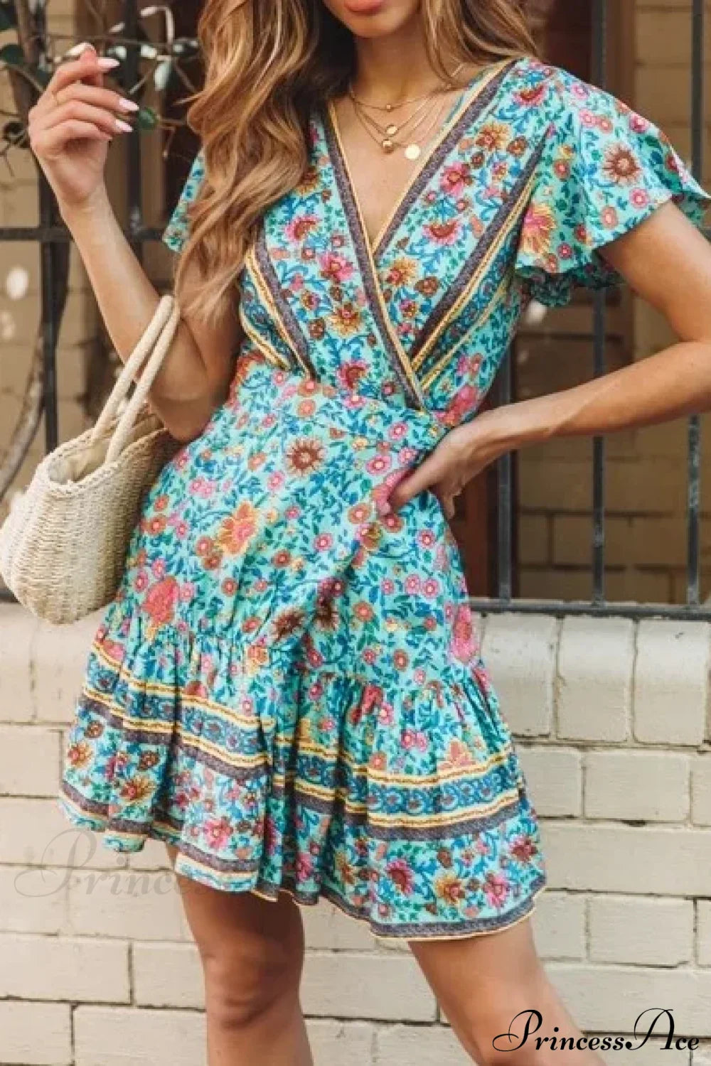 Summer Boho Floral Print Mini Wrap Beach Boho Dress image 6