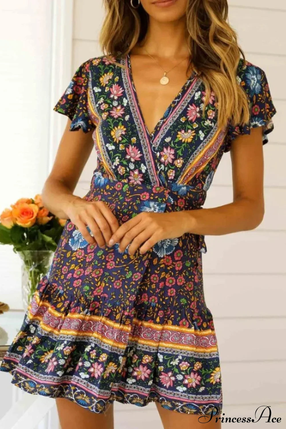 Summer Boho Floral Print Mini Wrap Beach Boho Dress image 9