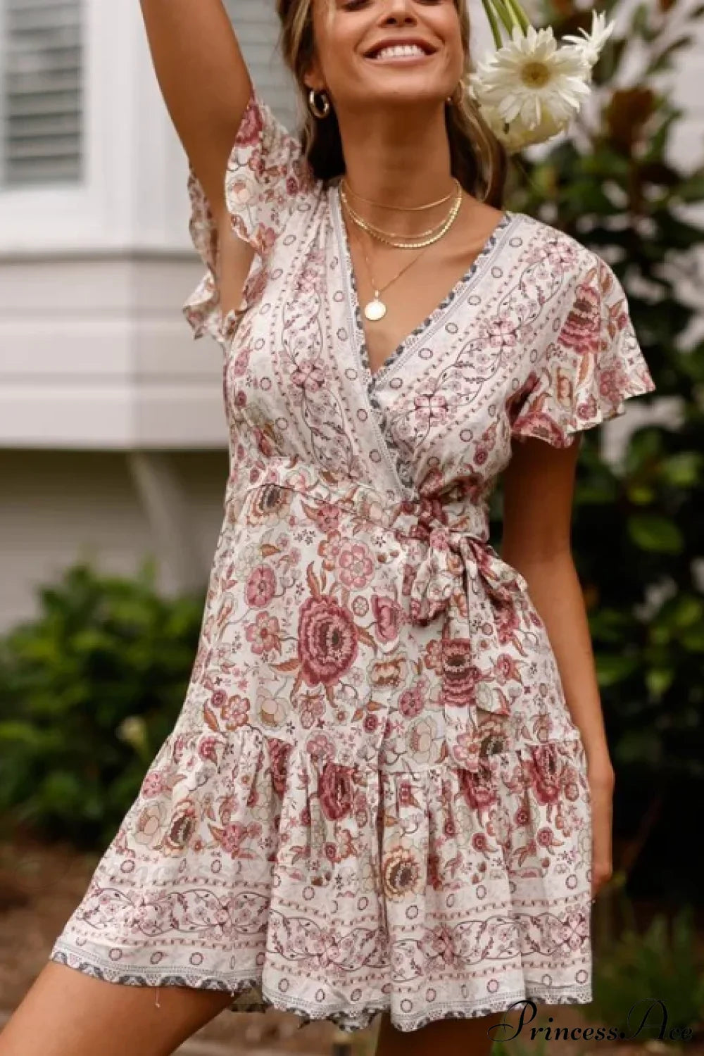 Summer Boho Floral Print Mini Wrap Beach Boho Dress image 8