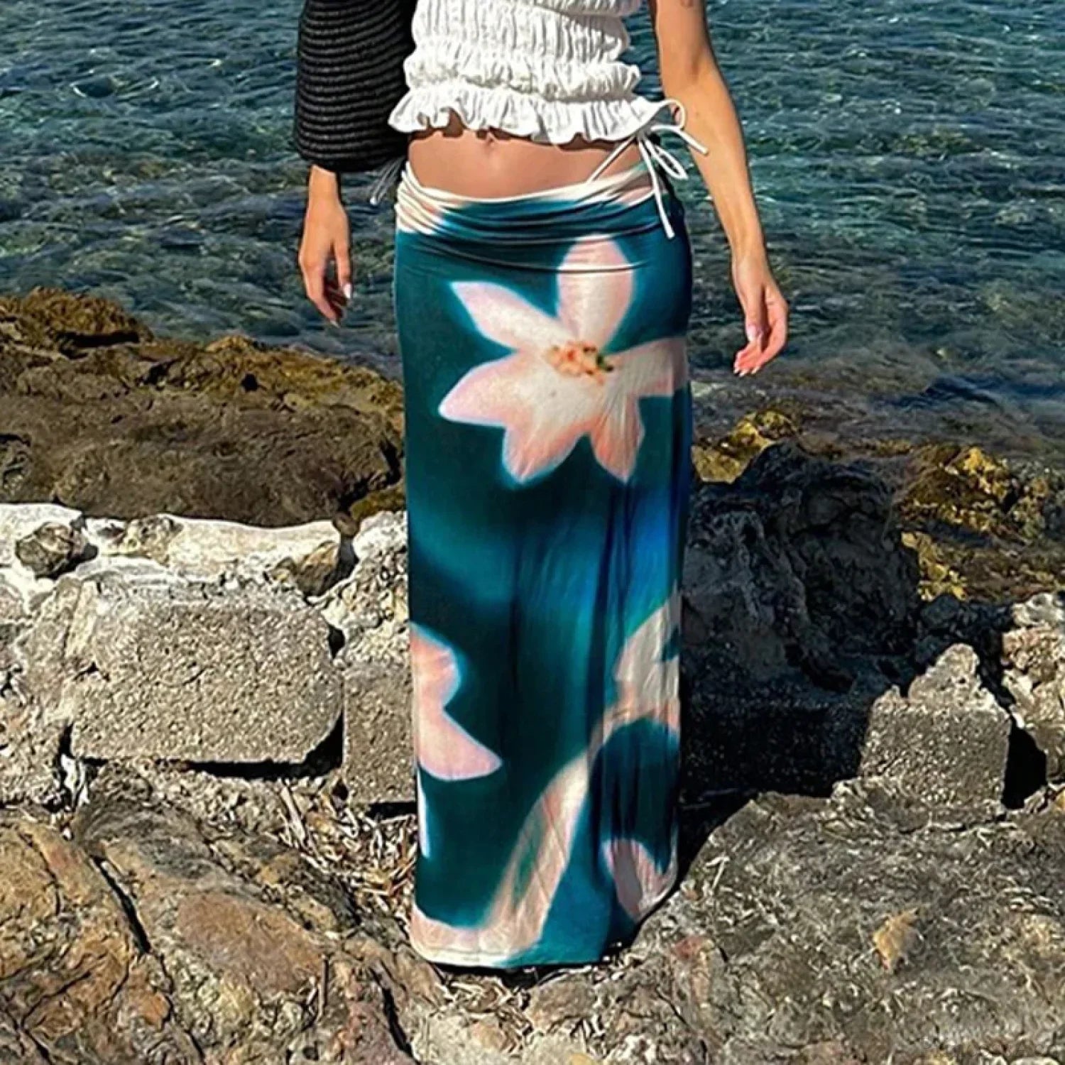 Summer Fashion Blue Print High Waist Maxi Skirt Club Skirt image 2