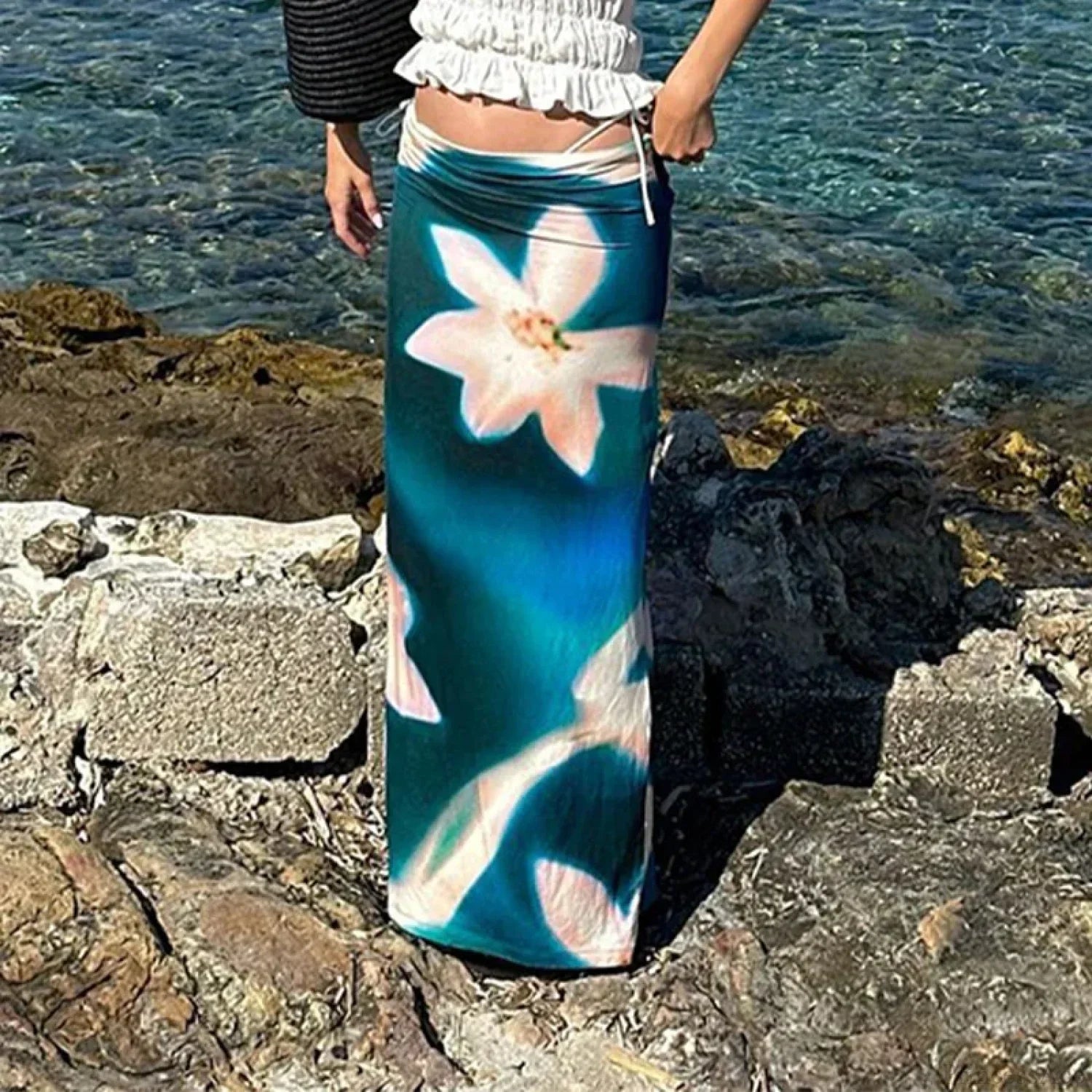 Summer Fashion Blue Print High Waist Maxi Skirt Club Skirt image 1