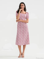 Summer Floral Midi Puff Sleeve A-Line Floral Dress image 5