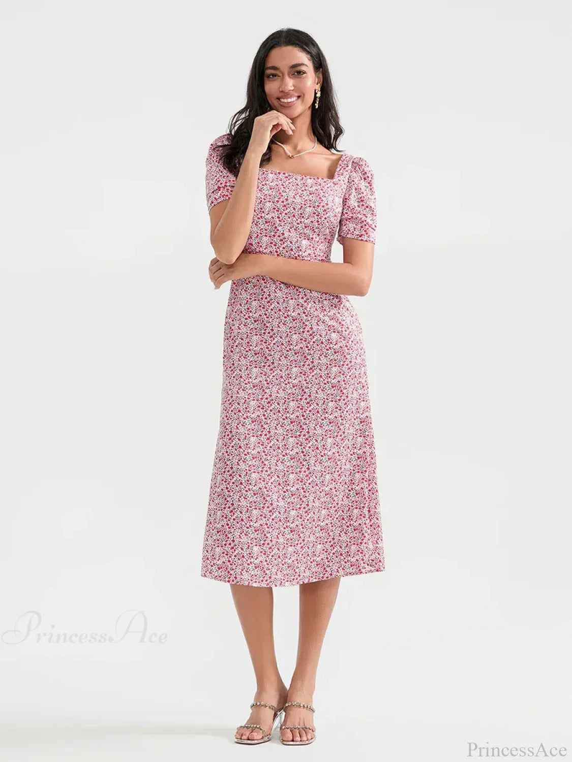 Summer Floral Midi Puff Sleeve A-Line Floral Dress image 5