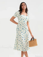 Summer Floral Midi Puff Sleeve A-Line Floral Dress image 1