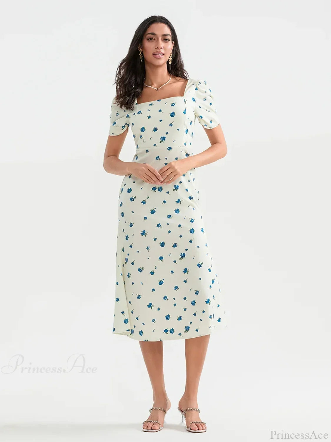 Summer Floral Midi Puff Sleeve A-Line Floral Dress image 2
