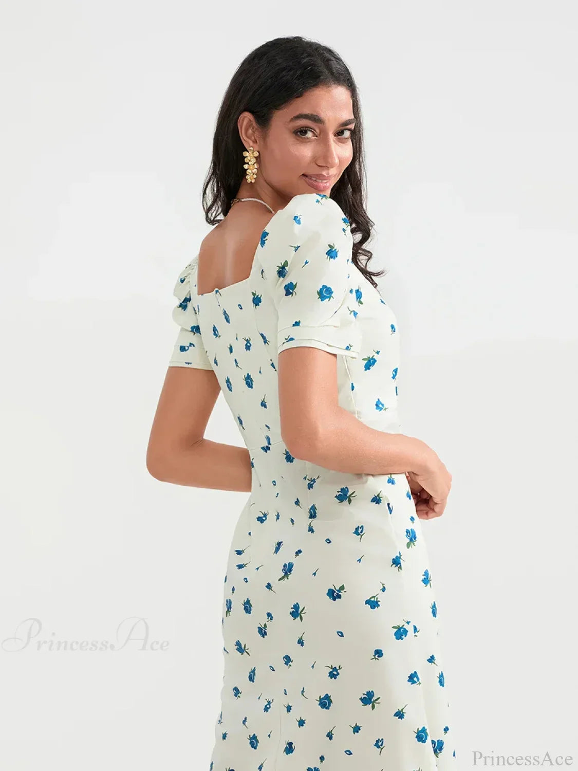 Summer Floral Midi Puff Sleeve A-Line Floral Dress image 4