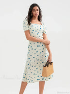 Summer Floral Midi Puff Sleeve A-Line Floral Dress image 8