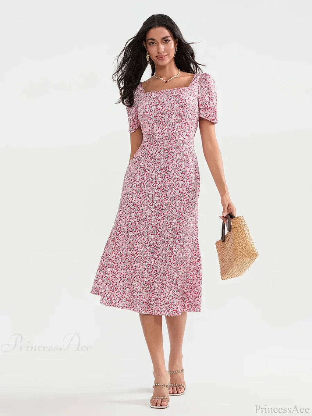 Summer Floral Midi Puff Sleeve A-Line Floral Dress image 6