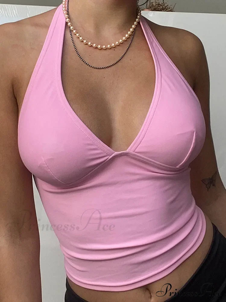 Summer Halter Camisole Women V-Neck Camis Skinny Backless Pink Corset Shirt Femmes Tank top image 6