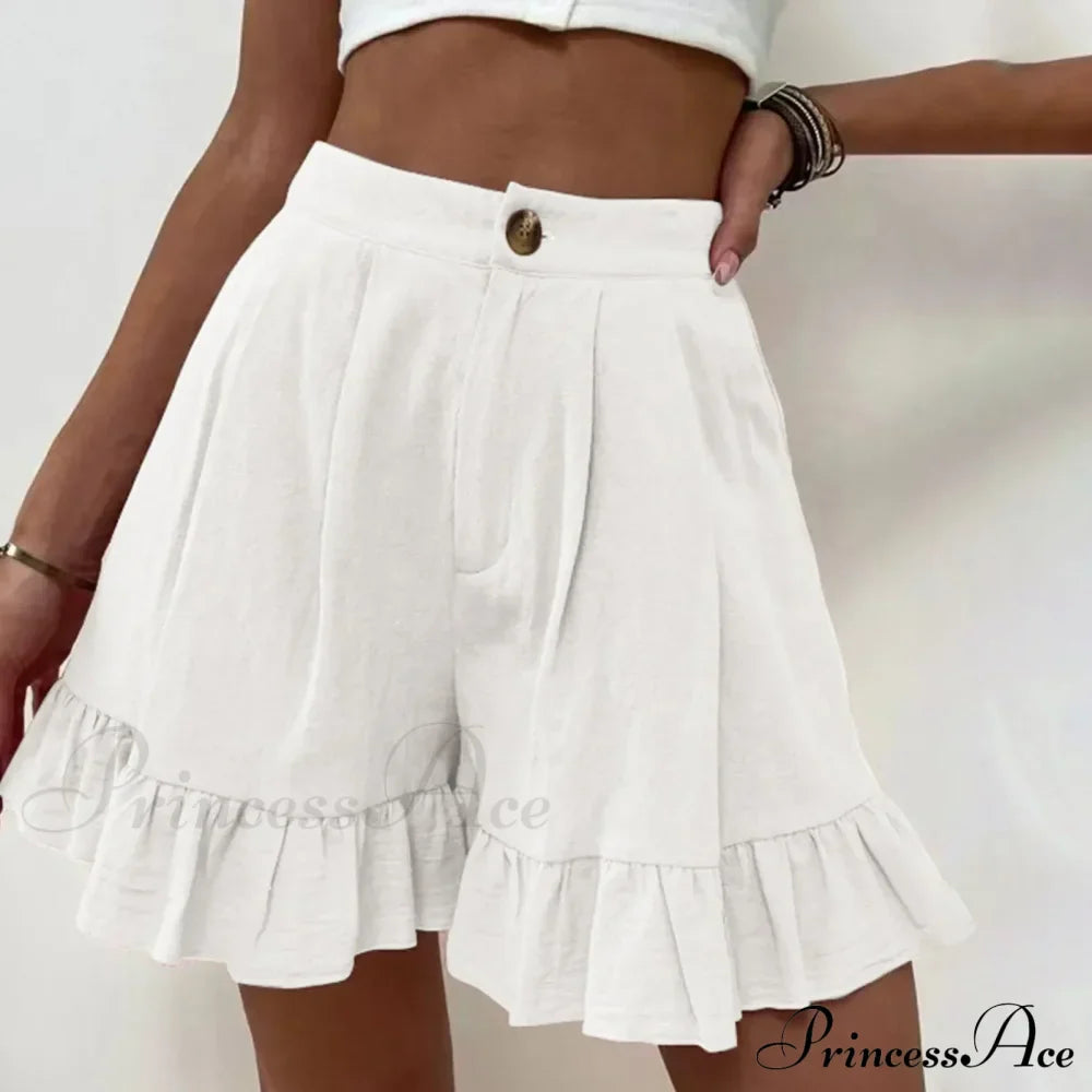 Summer Loose Fitting Wide Leg A Line Ruffle Trim Cotton Linen Texture Soft Wear Short image 1