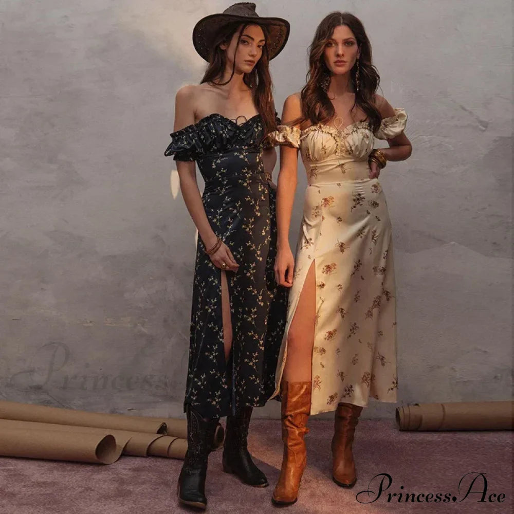 Summer Off Shoulder Puff Sleeve Lace Up Side Split Chic Aesthetic Floral Dress image 4