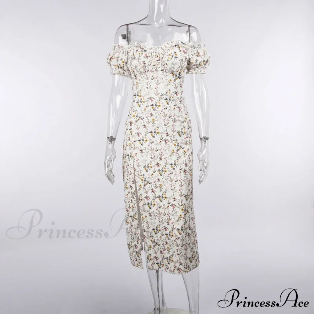 Summer Off Shoulder Puff Sleeve Lace Up Side Split Chic Aesthetic Floral Dress image 3