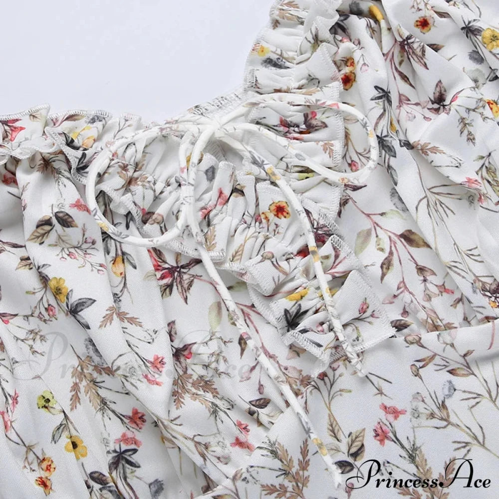 Summer Off Shoulder Puff Sleeve Lace Up Side Split Chic Aesthetic Floral Dress image 5