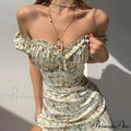 Summer Off Shoulder Puff Sleeve Lace Up Side Split Chic Aesthetic Floral Dress image 7