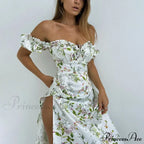 Summer Off Shoulder Puff Sleeve Lace Up Side Split Chic Aesthetic Floral Dress image 9
